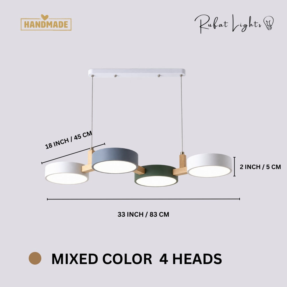 Nordic Modern Wood Fixture Pendant Lights Mixed Color 4 Heads dimensions: 33 in (83 cm) long, 16 in (40 cm) wide, 2 in (5 cm) high