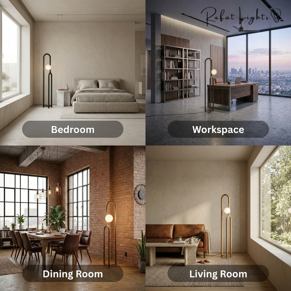 Nordic Wooden Floor Lamp shown in a bedroom, workspace, dining room and living room