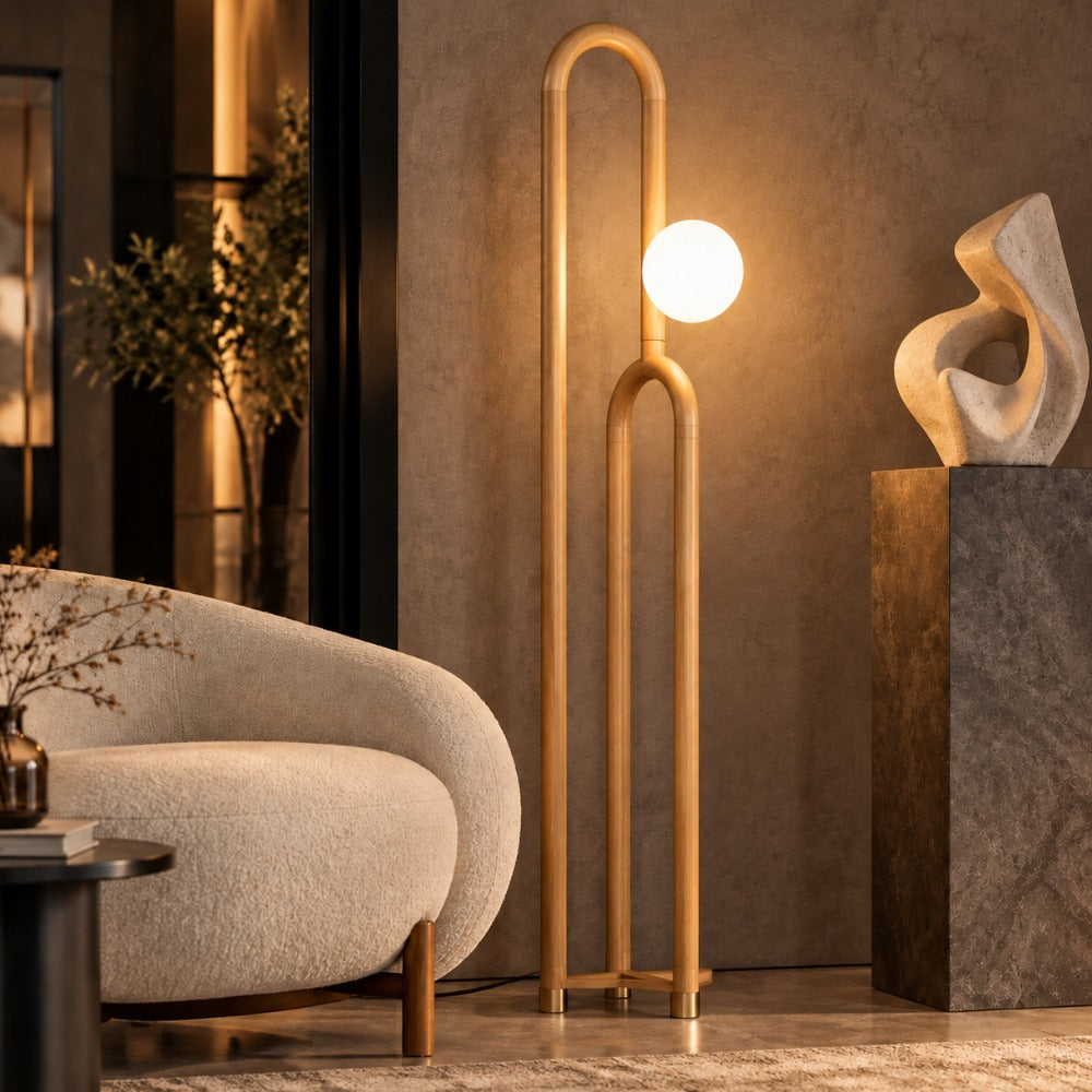 Nordic Wooden Floor Lamp light wood beside a sofa