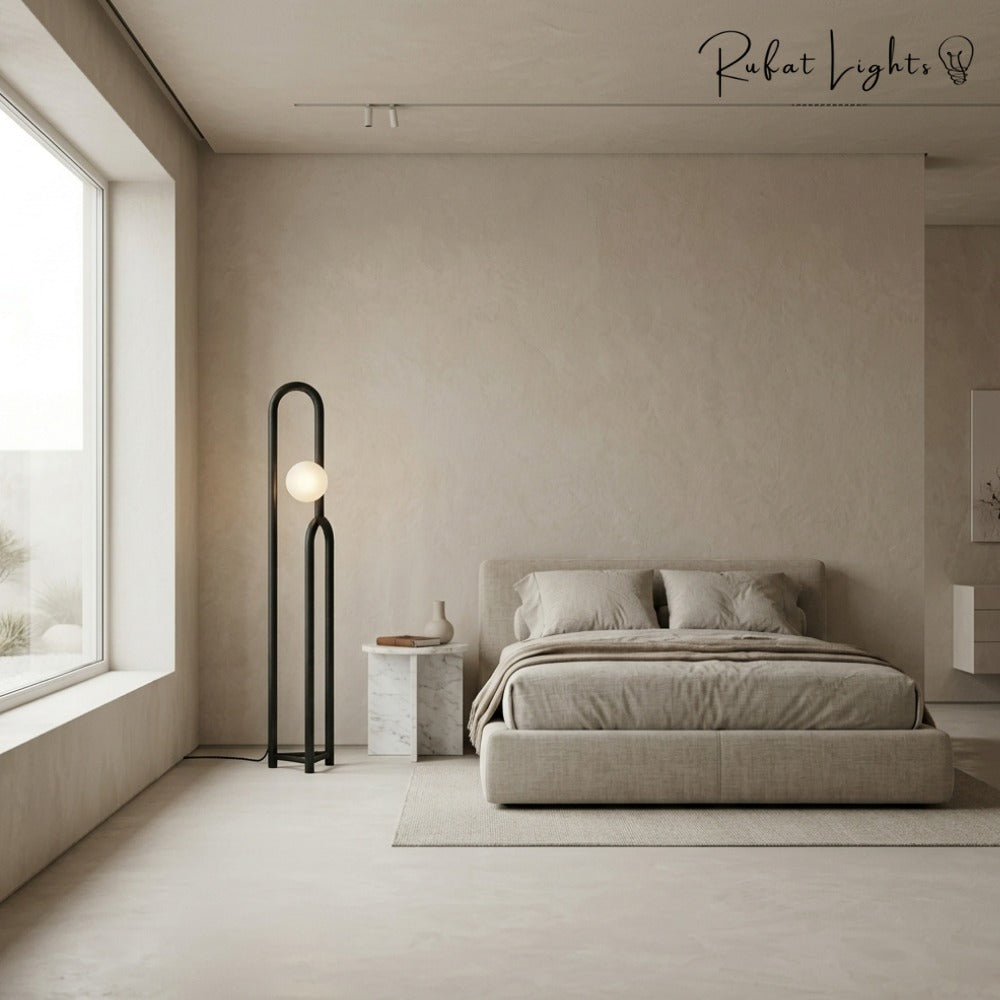 Nordic Wooden Floor Lamp black wood in a bedroom