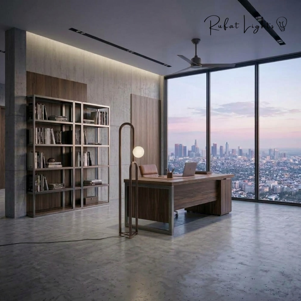 Nordic Wooden Floor Lamp black wood in a city-view office