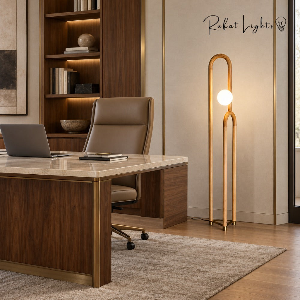 Nordic Wooden Floor Lamp light wood beside a desk