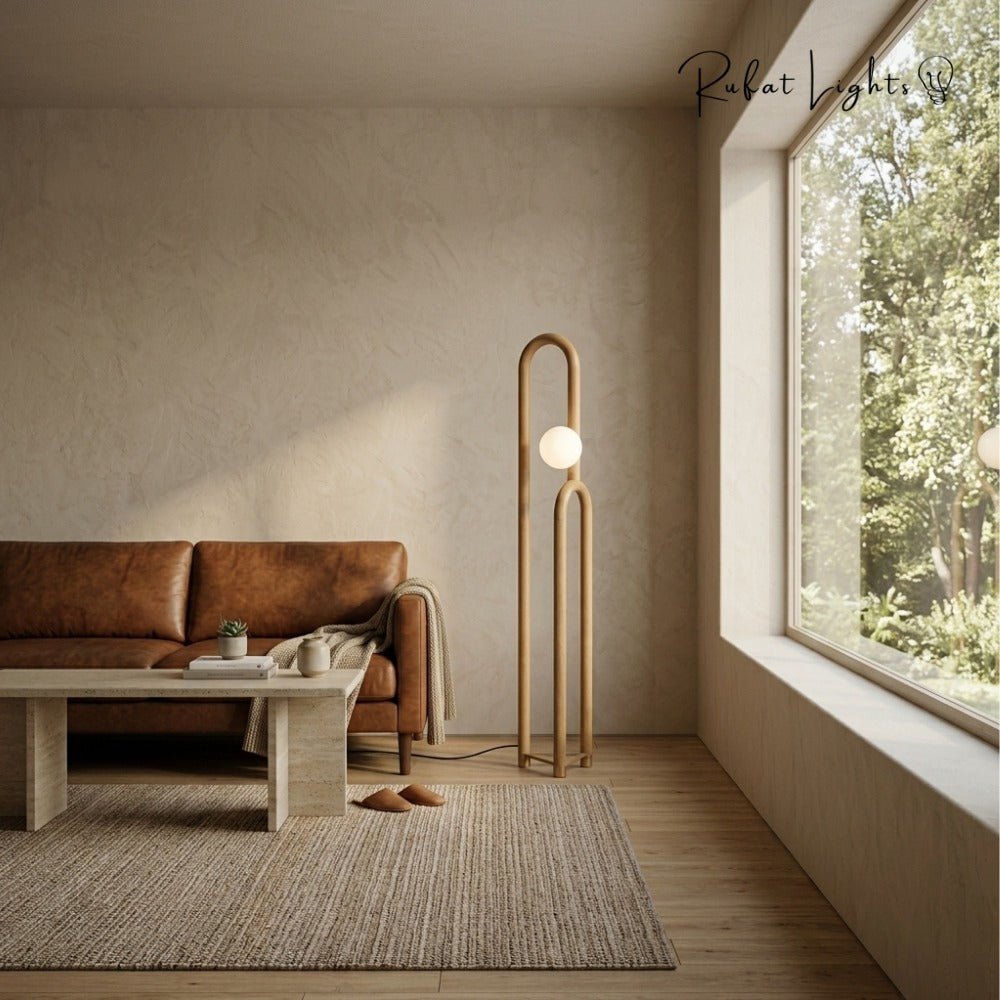 Nordic Wooden Floor Lamp light wood in a living room