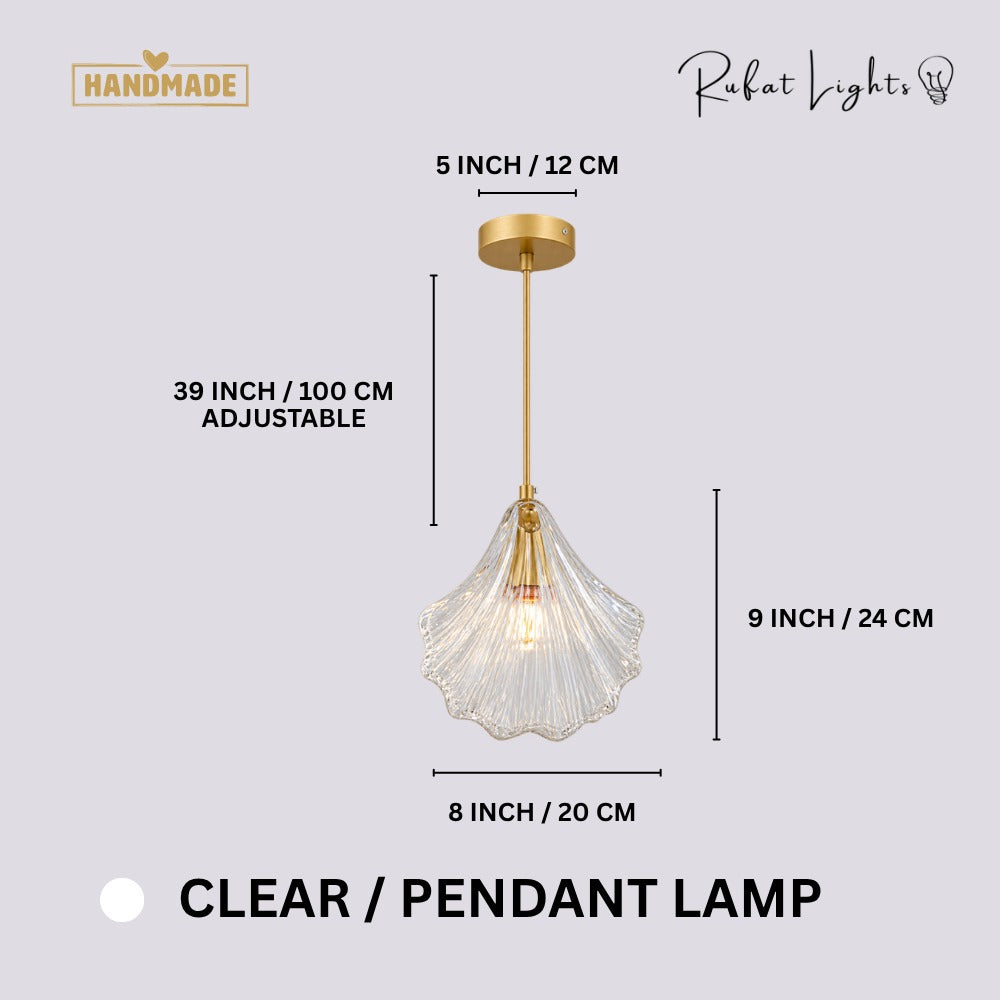 Oceanic Glass Shell Wall Light Clear Pendant dimensions: 8 in (20 cm) wide, 9 in (24 cm) high, 39 in (100 cm) adjustable cord, 5 in (12 cm) canopy