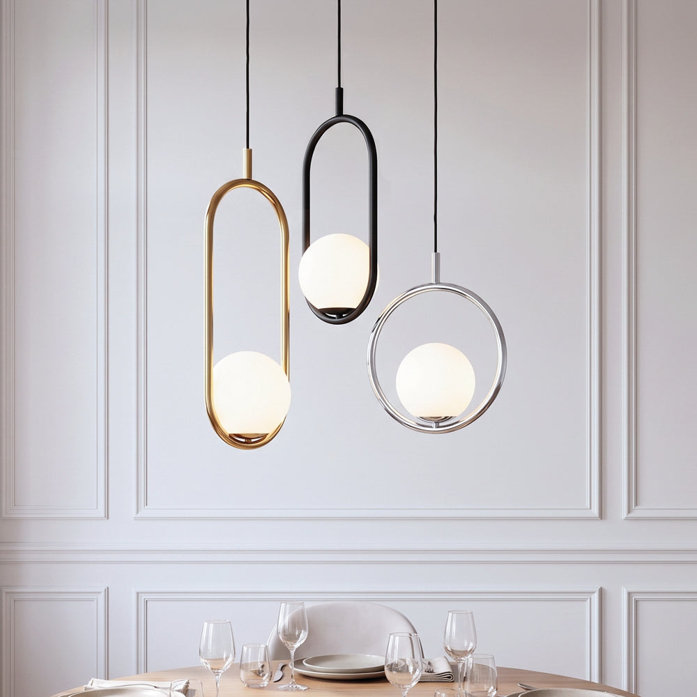 Opulent LED Luxury Glass Pendant Light circle and stadium pendants in black, gold and silver