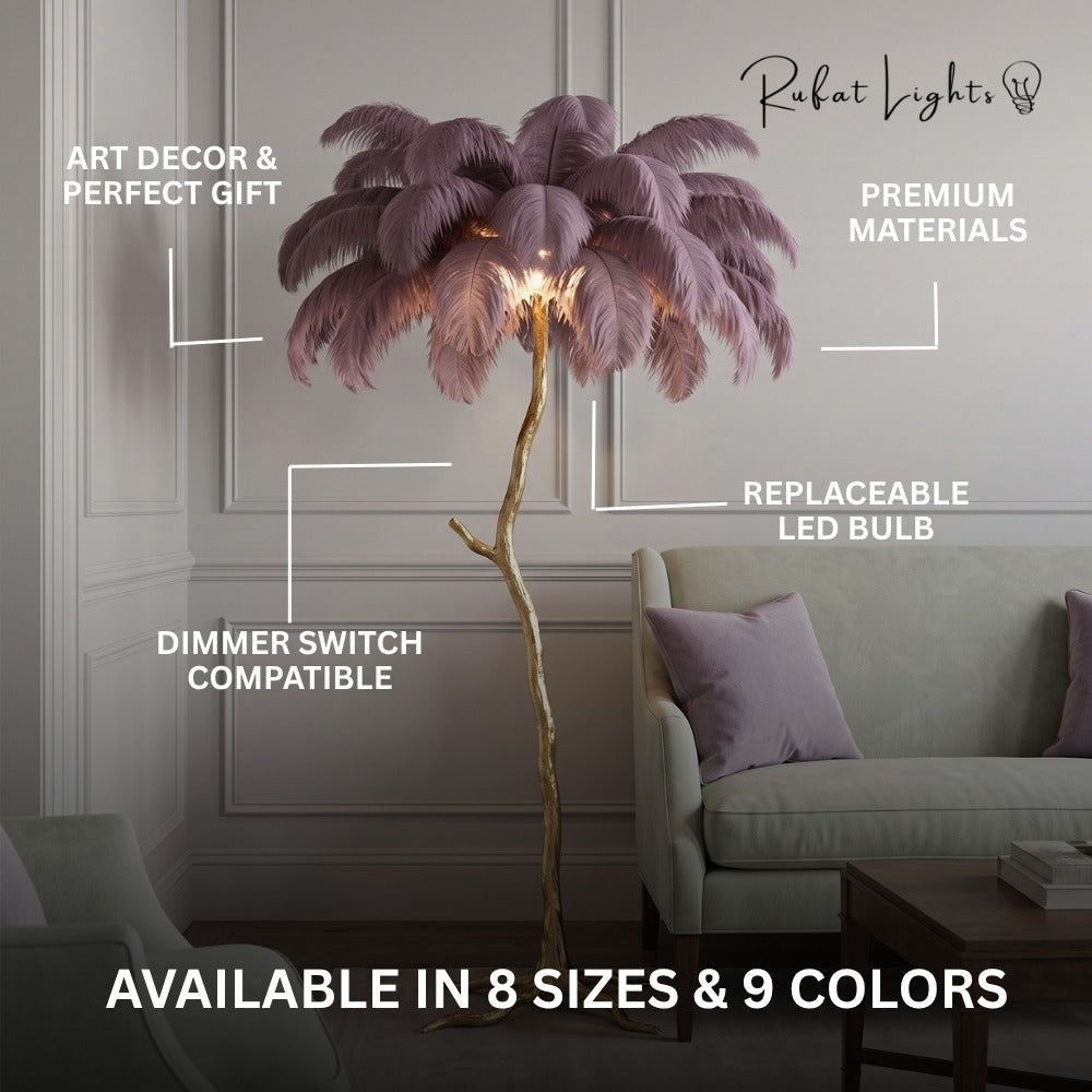 Luxury Ostrich Feather Resin LED Floor/Table Lamp features: art decor and perfect gift, premium materials, replaceable LED bulb, dimmer switch compatible, available in 8 sizes and 9 colors