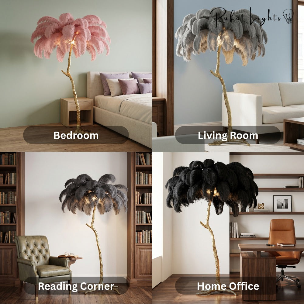 Luxury Ostrich Feather Resin LED Floor/Table Lamp shown in a bedroom, living room, reading corner and home office