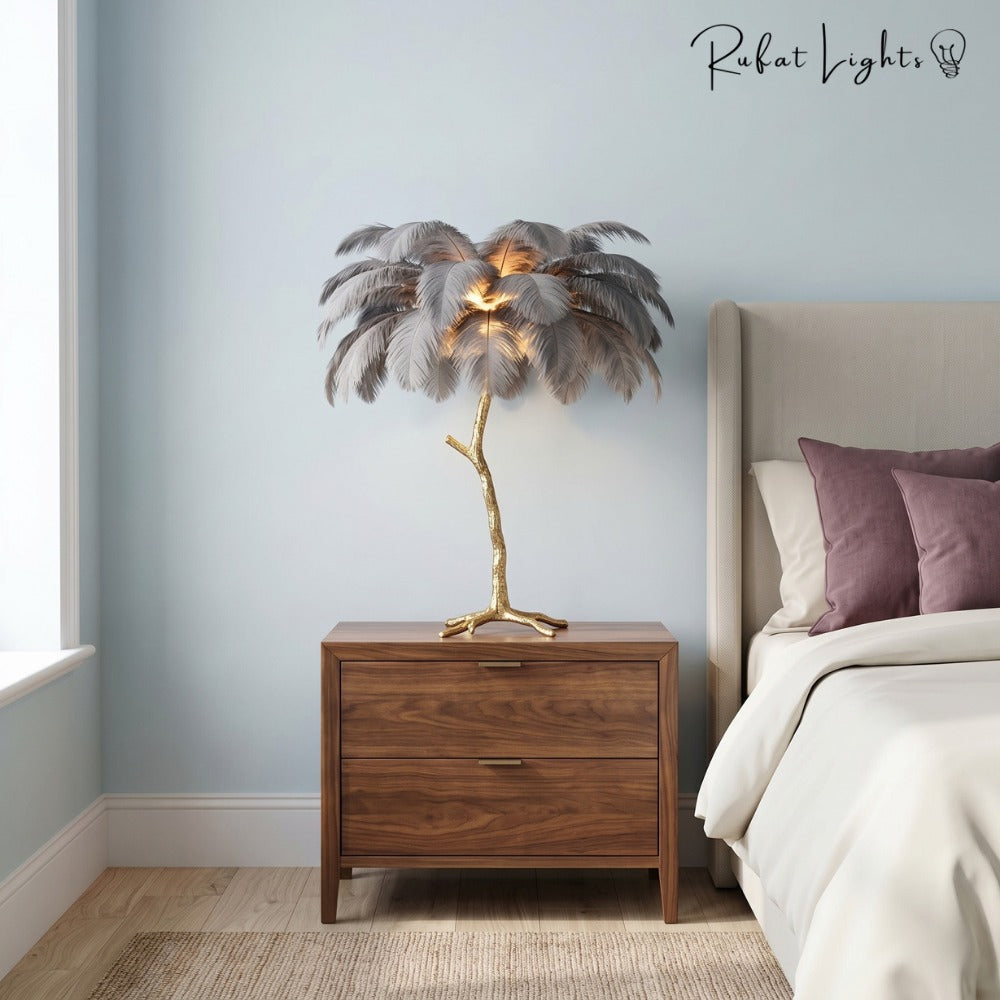 Luxury Ostrich Feather Resin LED Floor/Table Lamp grey table lamp on a nightstand