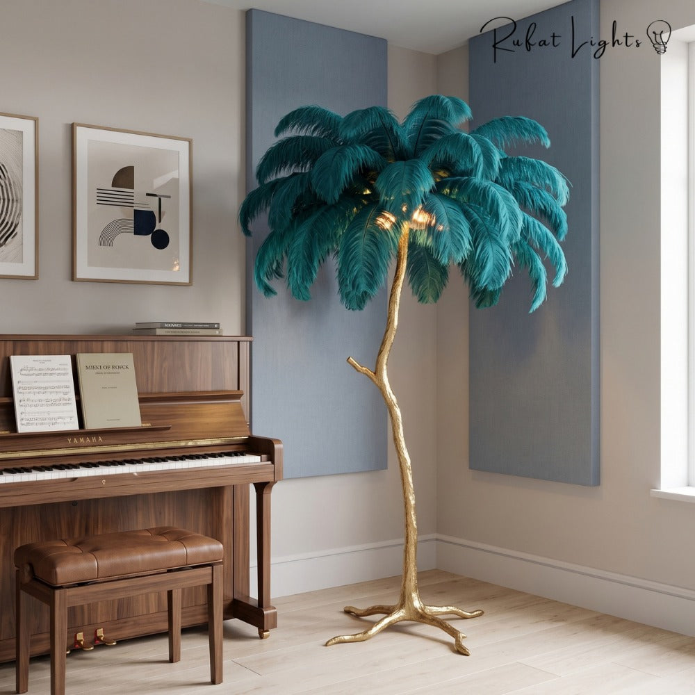 Luxury Ostrich Feather Resin LED Floor/Table Lamp green beside a piano