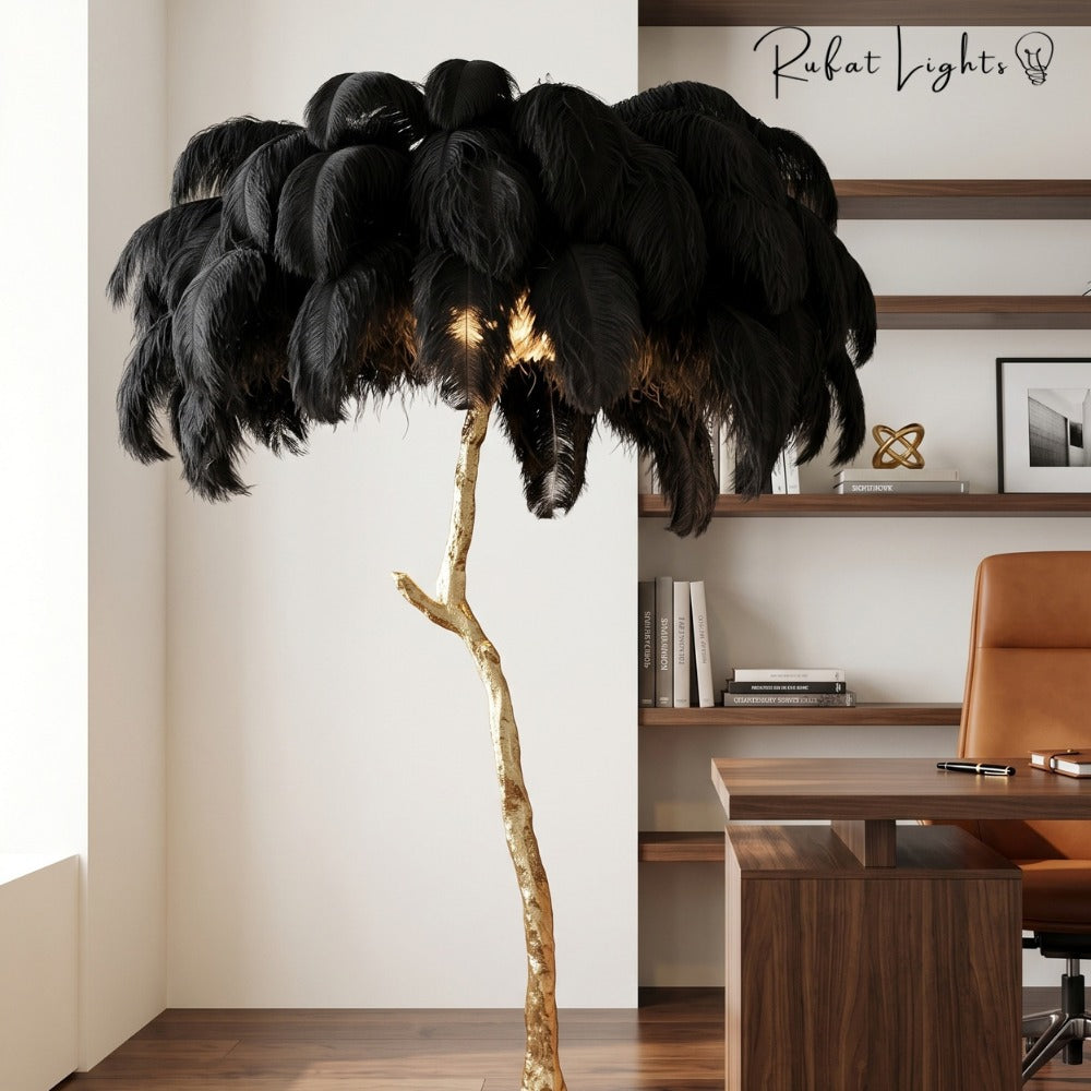 Luxury Ostrich Feather Resin LED Floor/Table Lamp black in a home office