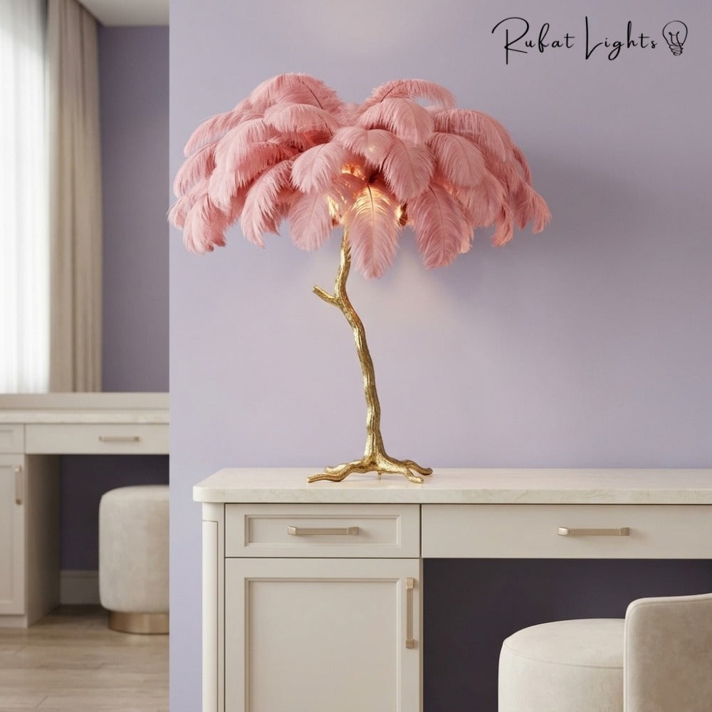 Luxury Ostrich Feather Resin LED Floor/Table Lamp pink beside a vanity