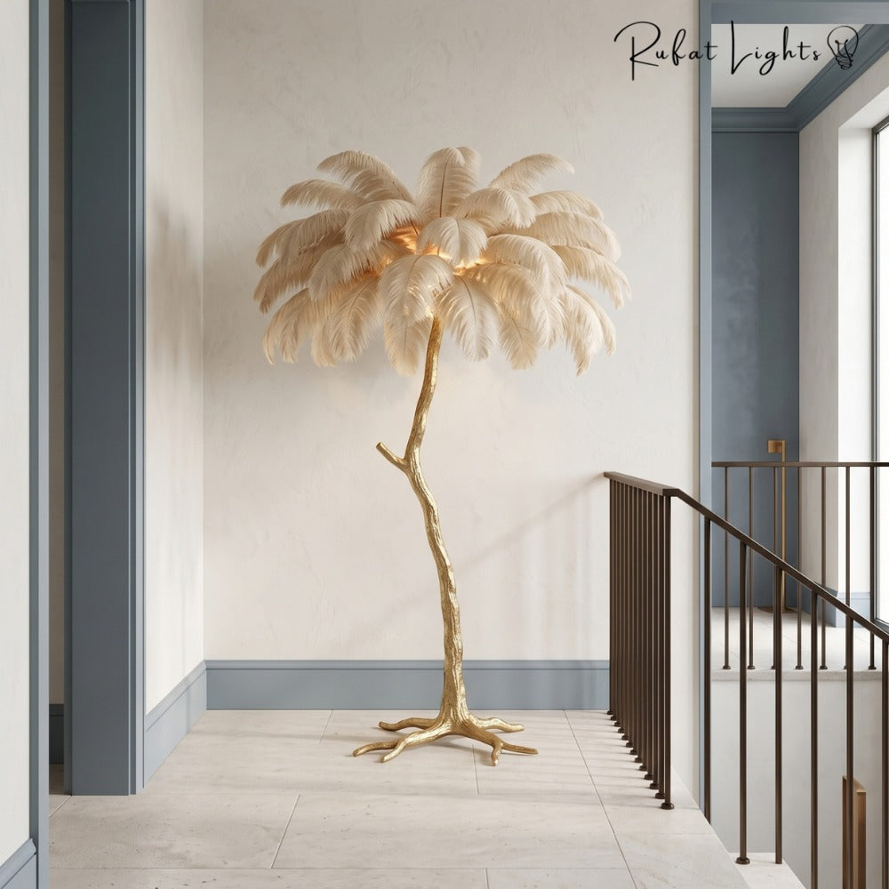 Luxury Ostrich Feather Resin LED Floor/Table Lamp white beside a staircase