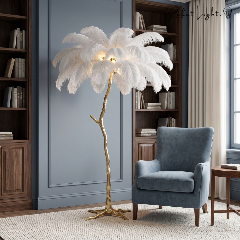 Luxury Ostrich Feather Resin LED Floor/Table Lamp white beside an armchair