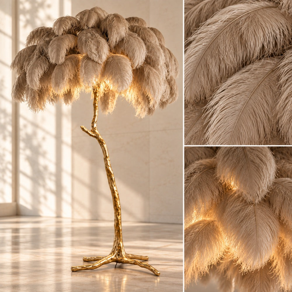 Luxury Ostrich Feather Resin LED Floor/Table Lamp khaki with feather close-ups
