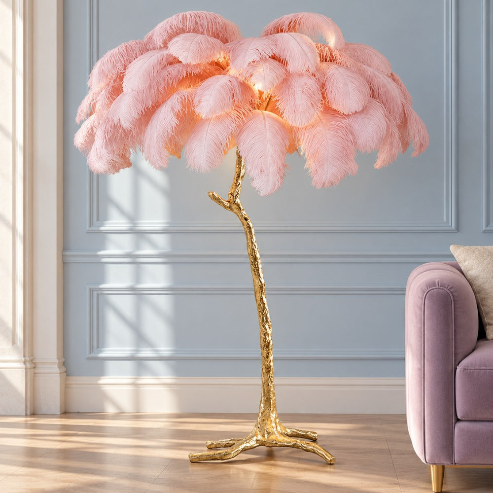 Luxury Ostrich Feather Resin LED Floor/Table Lamp pink close-up