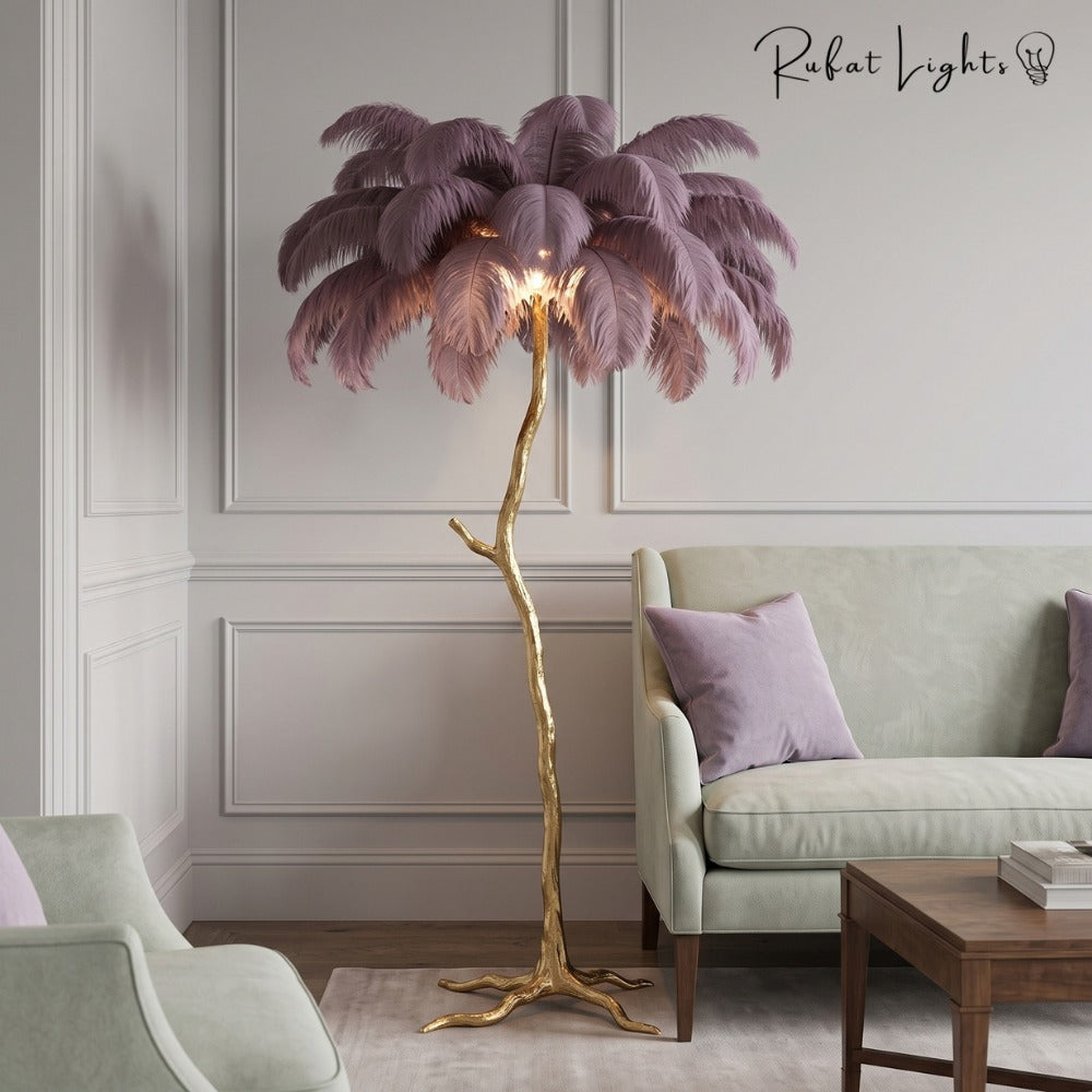 Luxury Ostrich Feather Resin LED Floor/Table Lamp purple in a living room