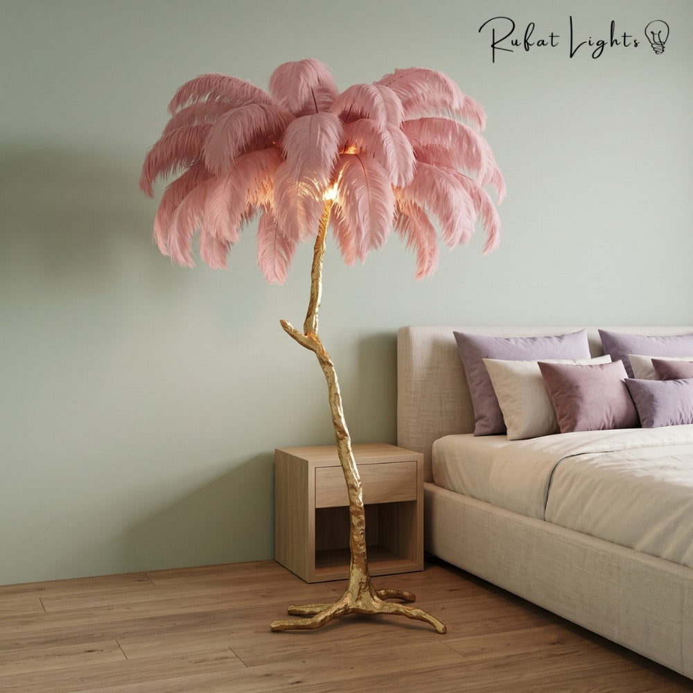 Luxury Ostrich Feather Resin LED Floor/Table Lamp pink beside a bed