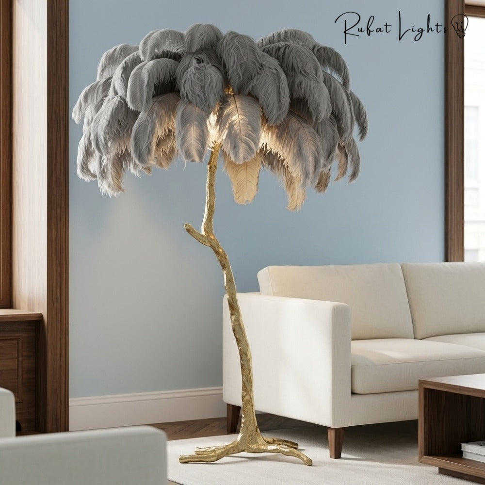 Luxury Ostrich Feather Resin LED Floor/Table Lamp grey in a living room