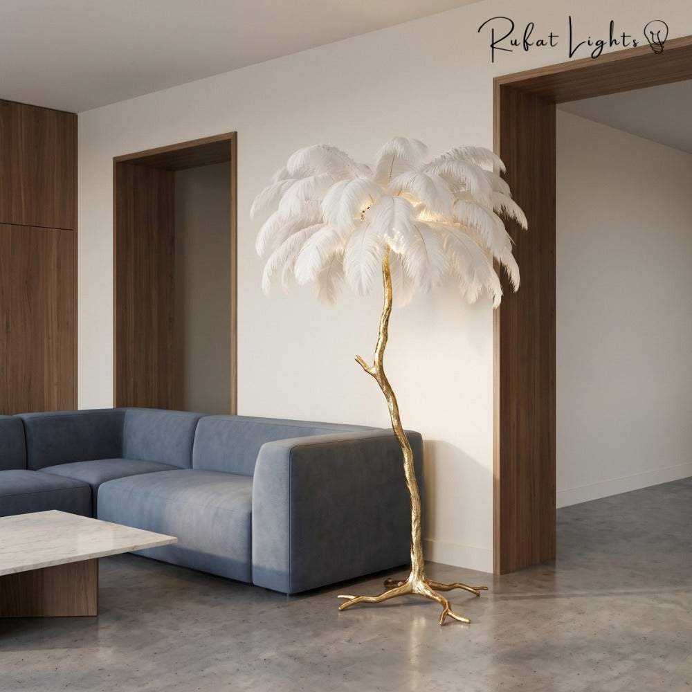 Luxury Ostrich Feather Resin LED Floor/Table Lamp white in a living room
