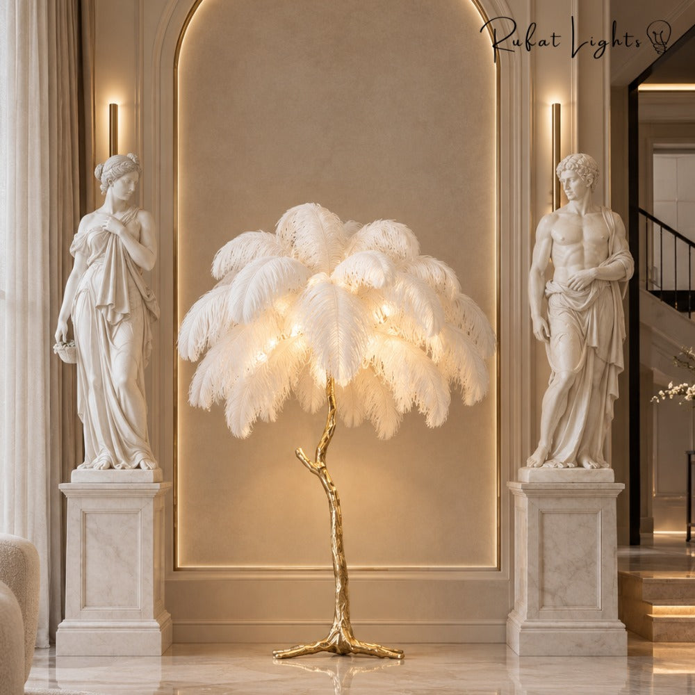 Luxury Ostrich Feather Resin LED Floor/Table Lamp white between classical statues