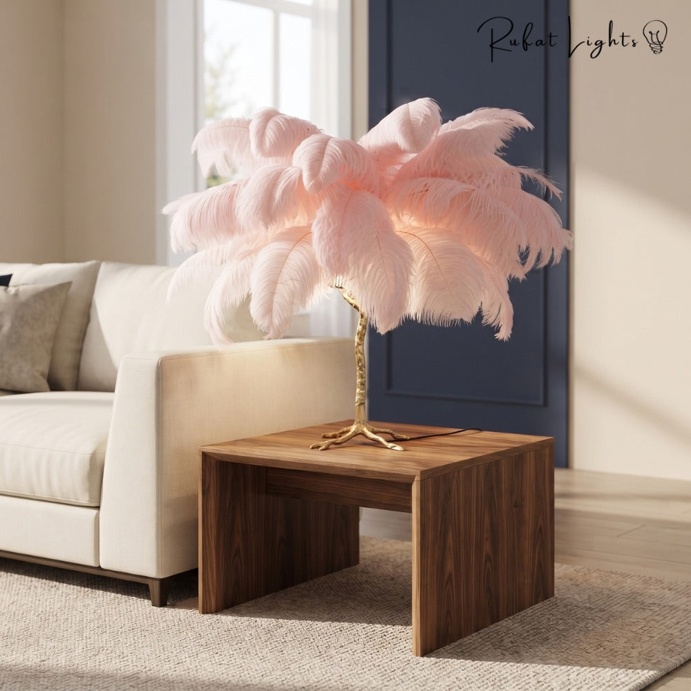 Luxury Ostrich Feather Resin LED Floor/Table Lamp pink table lamp on a side table