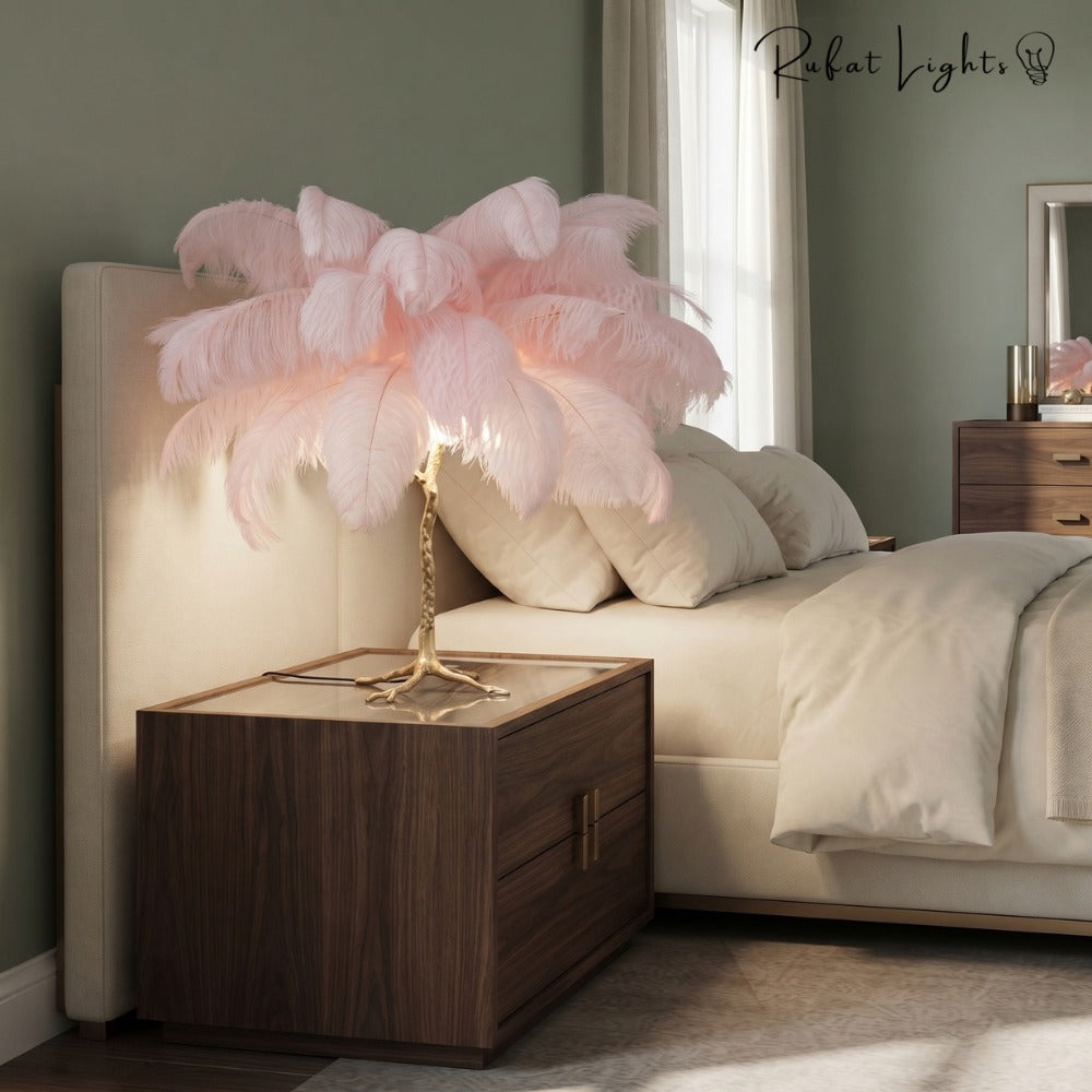 Luxury Ostrich Feather Resin LED Floor/Table Lamp pink table lamp beside a bed