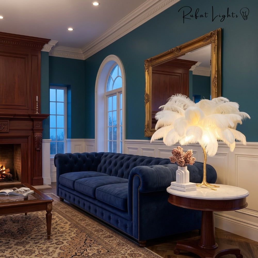 Luxury Ostrich Feather Resin LED Floor/Table Lamp white table lamp in a living room