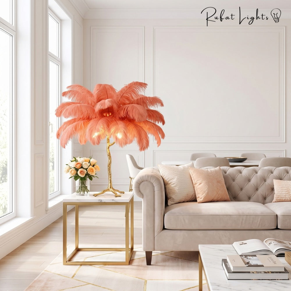 Luxury Ostrich Feather Resin LED Floor/Table Lamp orange table lamp beside a sofa