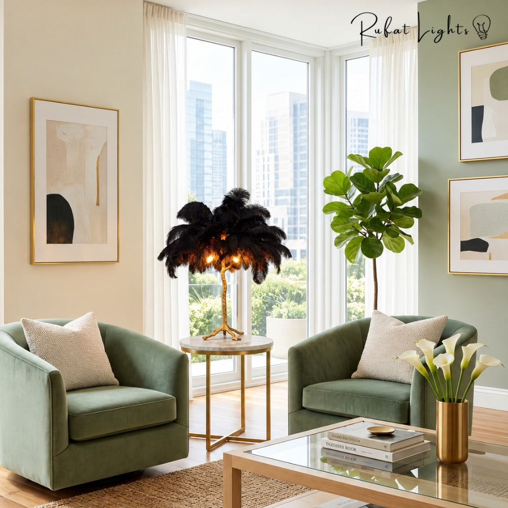 Luxury Ostrich Feather Resin LED Floor/Table Lamp black table lamp in a living room