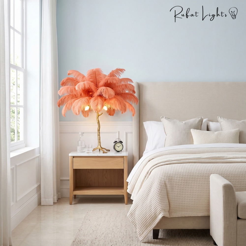 Luxury Ostrich Feather Resin LED Floor/Table Lamp orange table lamp on a nightstand