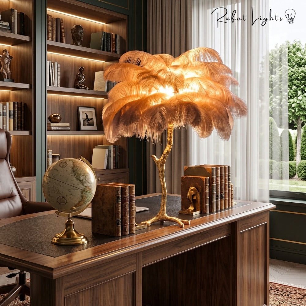 Luxury Ostrich Feather Resin LED Floor/Table Lamp khaki table lamp on a desk