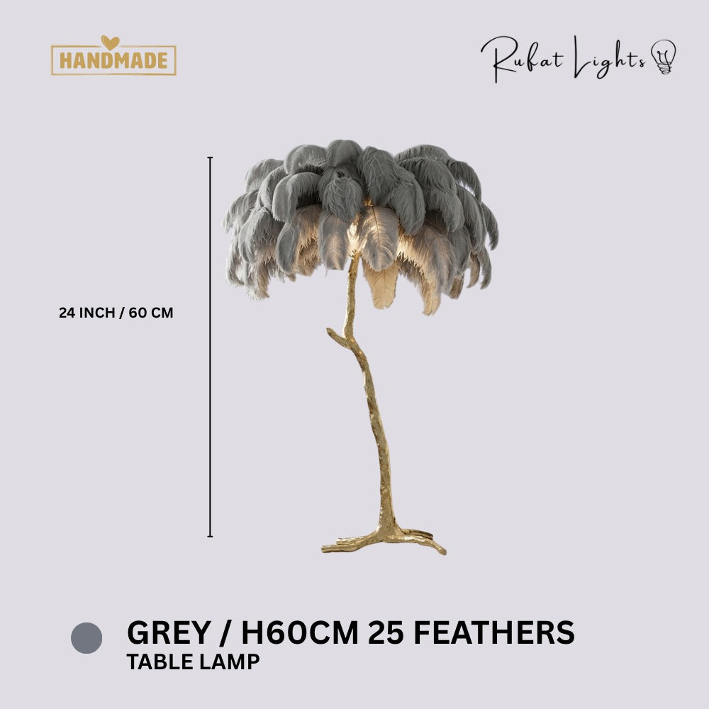 Luxury Ostrich Feather Resin LED Floor/Table Lamp Grey H60cm 25 feathers (Table Lamp) dimensions: 24 in (60 cm) high