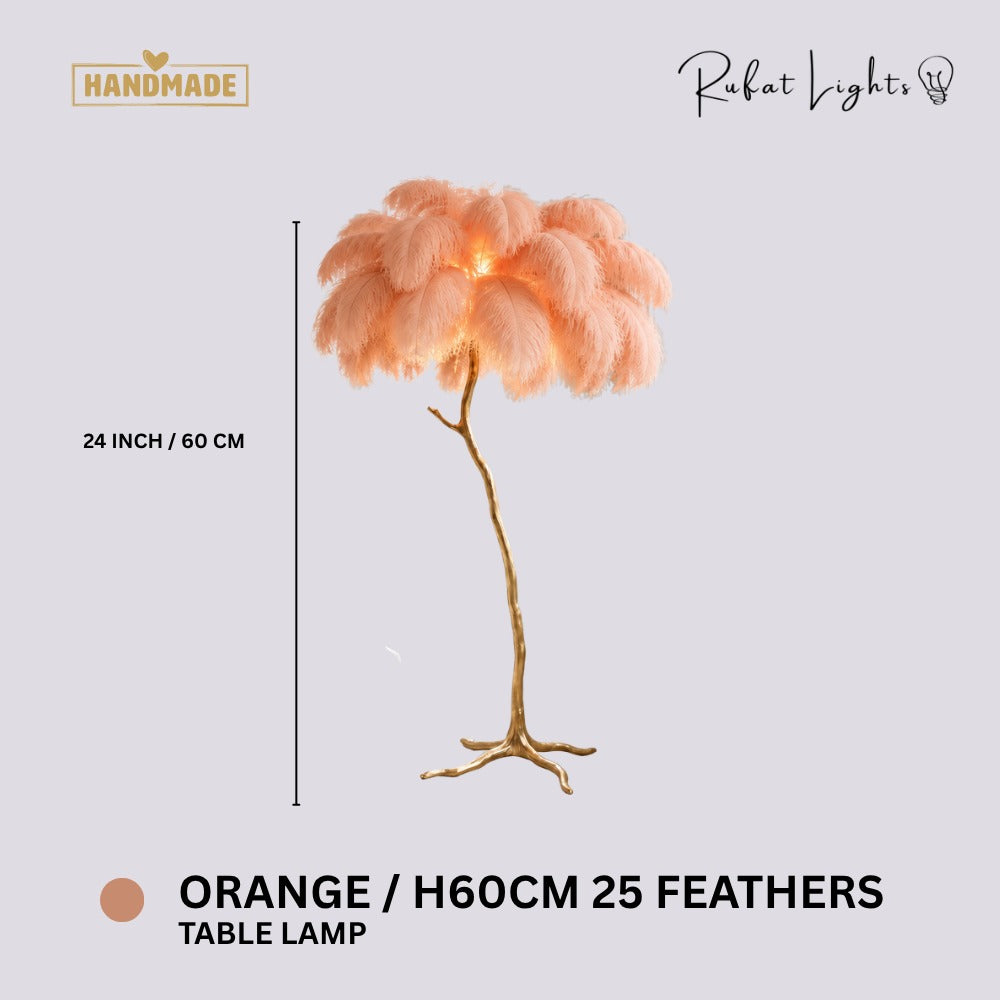 Luxury Ostrich Feather Resin LED Floor/Table Lamp Orange H60cm 25 feathers (Table Lamp) dimensions: 24 in (60 cm) high