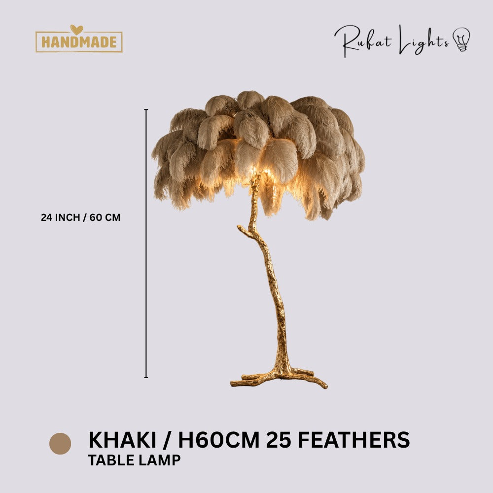Luxury Ostrich Feather Resin LED Floor/Table Lamp Khaki H60cm 25 feathers (Table Lamp) dimensions: 24 in (60 cm) high