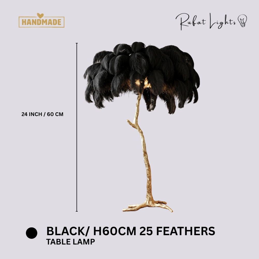 Luxury Ostrich Feather Resin LED Floor/Table Lamp Black H60cm 25 feathers (Table Lamp) dimensions: 24 in (60 cm) high