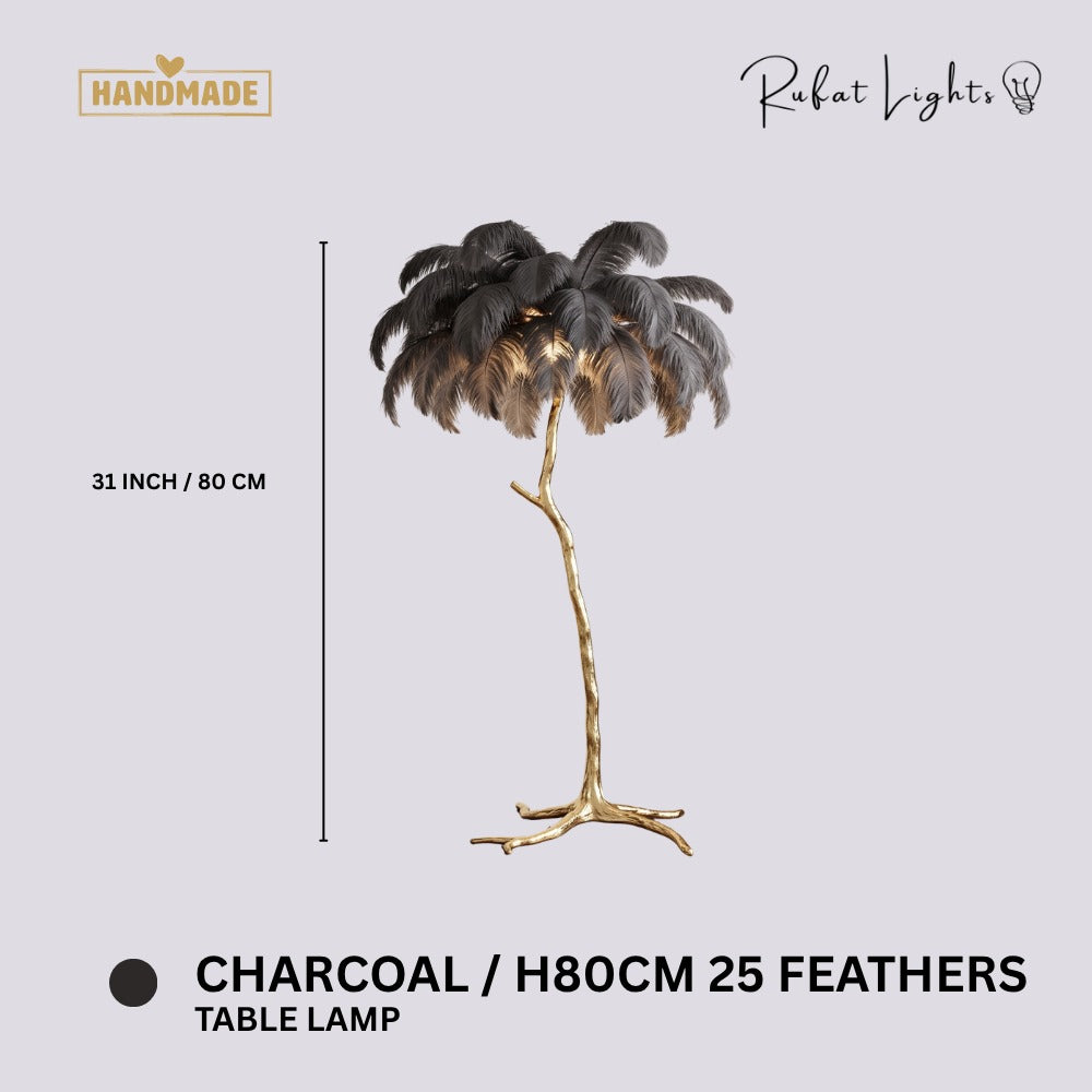 Luxury Ostrich Feather Resin LED Floor/Table Lamp Charcoal H80cm 25 feathers (Table Lamp) dimensions: 31 in (80 cm) high