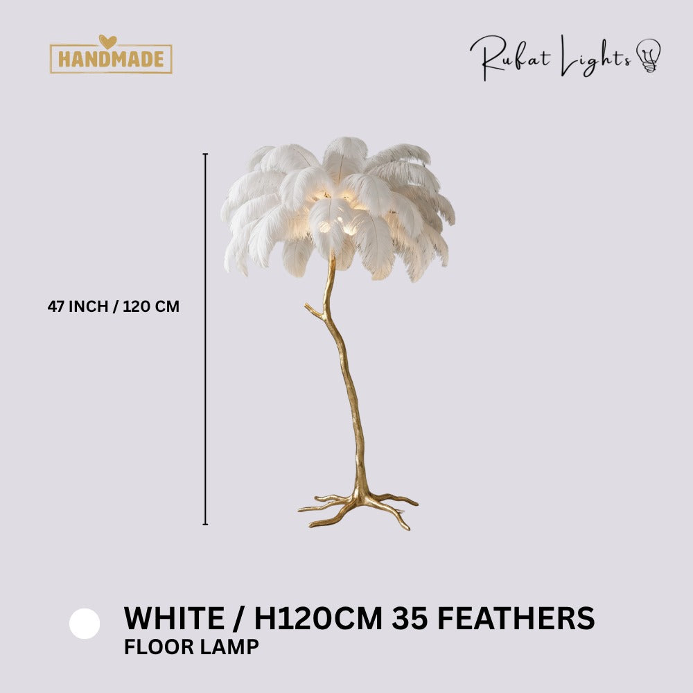 Luxury Ostrich Feather Resin LED Floor/Table Lamp White H120cm 35 feathers (Floor Lamp) dimensions: 47 in (120 cm) high