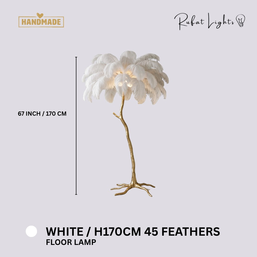 Luxury Ostrich Feather Resin LED Floor/Table Lamp White H170cm 45 feathers (Floor Lamp) dimensions: 67 in (170 cm) high