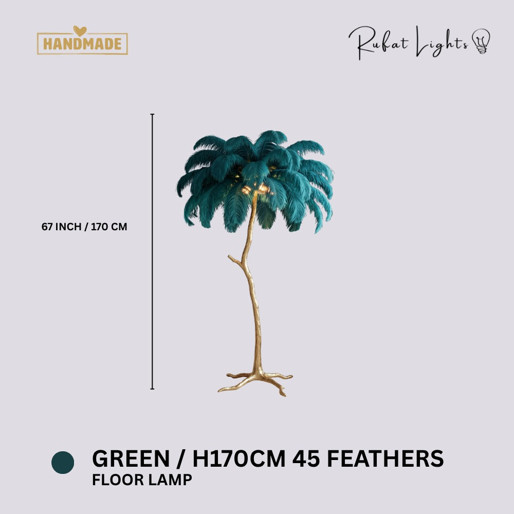 Luxury Ostrich Feather Resin LED Floor/Table Lamp Green H170cm 45 feathers (Floor Lamp) dimensions: 67 in (170 cm) high