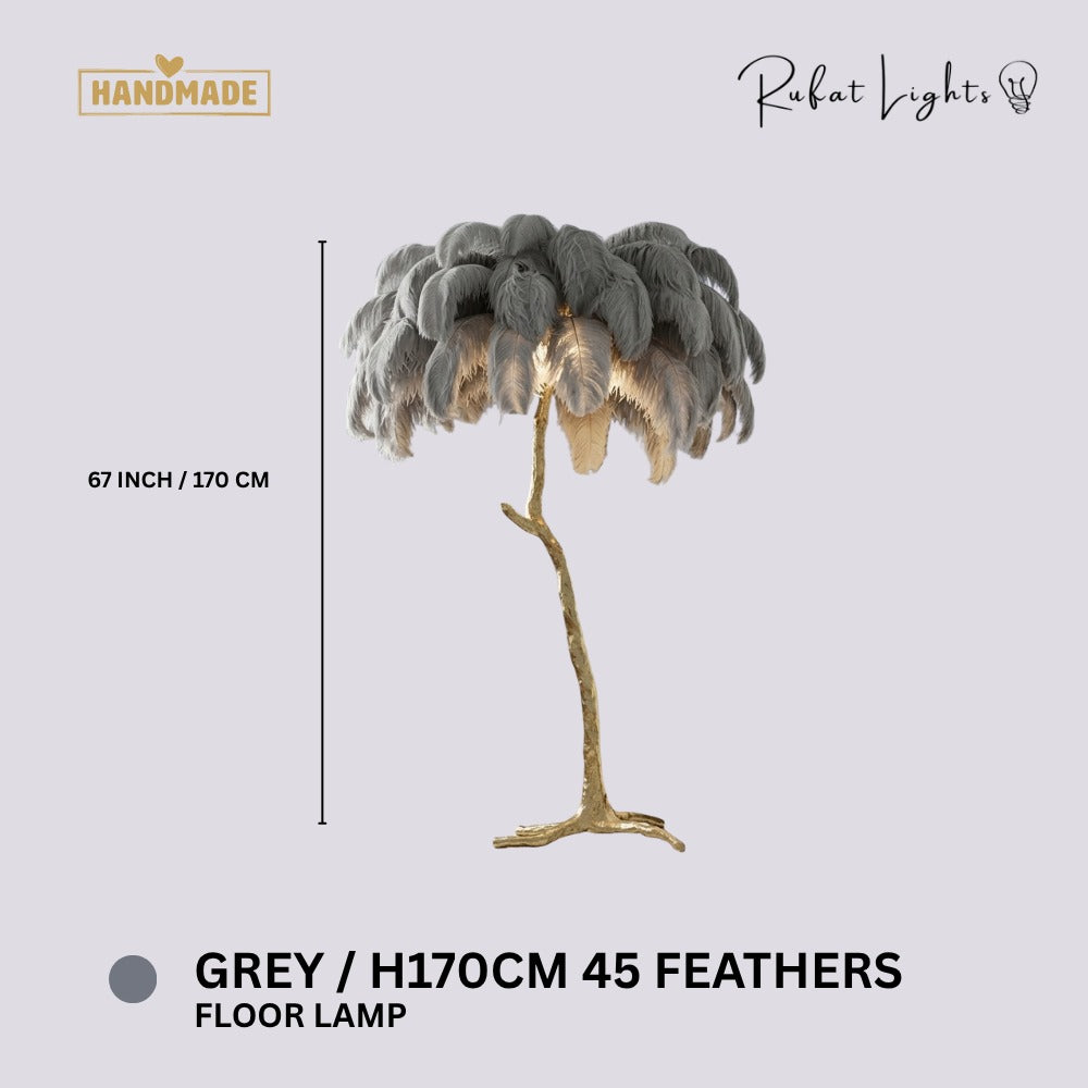 Luxury Ostrich Feather Resin LED Floor/Table Lamp Grey H170cm 45 feathers (Floor Lamp) dimensions: 67 in (170 cm) high