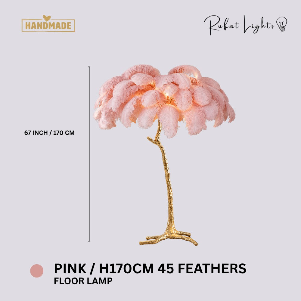 Luxury Ostrich Feather Resin LED Floor/Table Lamp Pink H170cm 45 feathers (Floor Lamp) dimensions: 67 in (170 cm) high