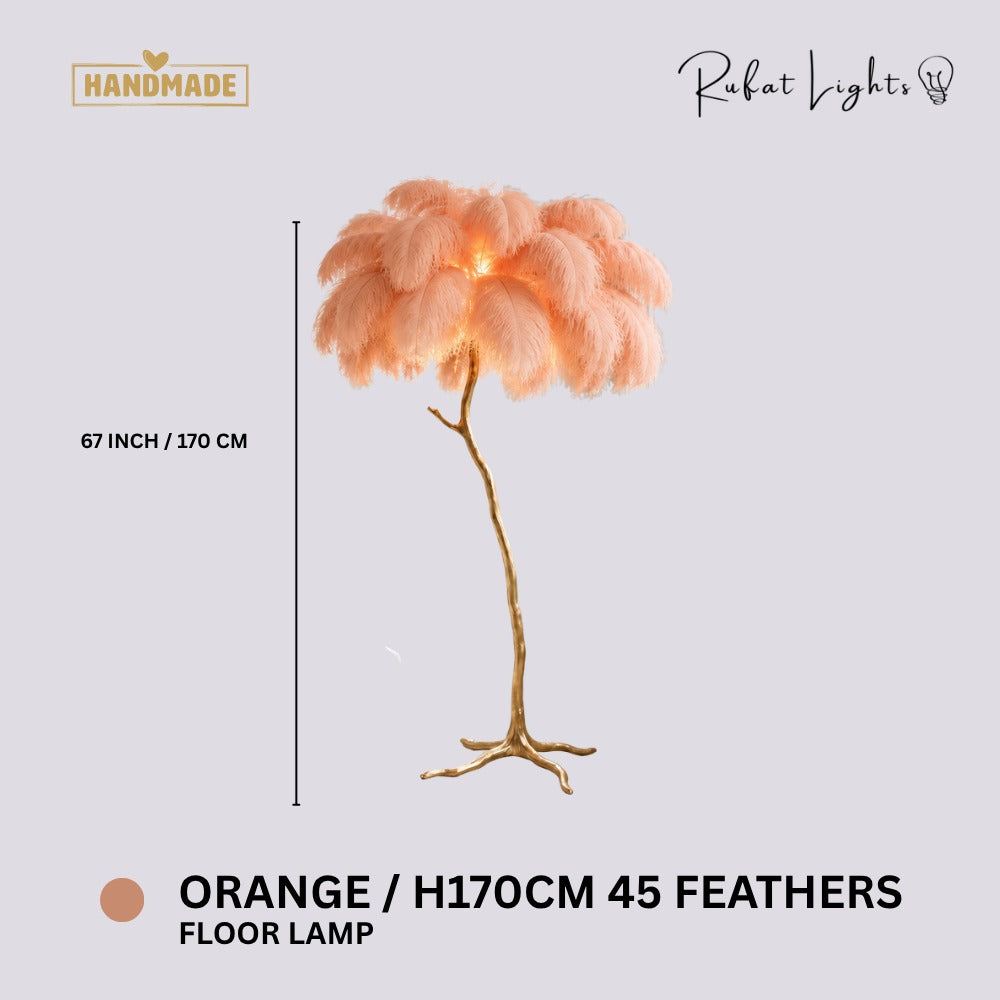 Luxury Ostrich Feather Resin LED Floor/Table Lamp Orange H170cm 45 feathers (Floor Lamp) dimensions: 67 in (170 cm) high