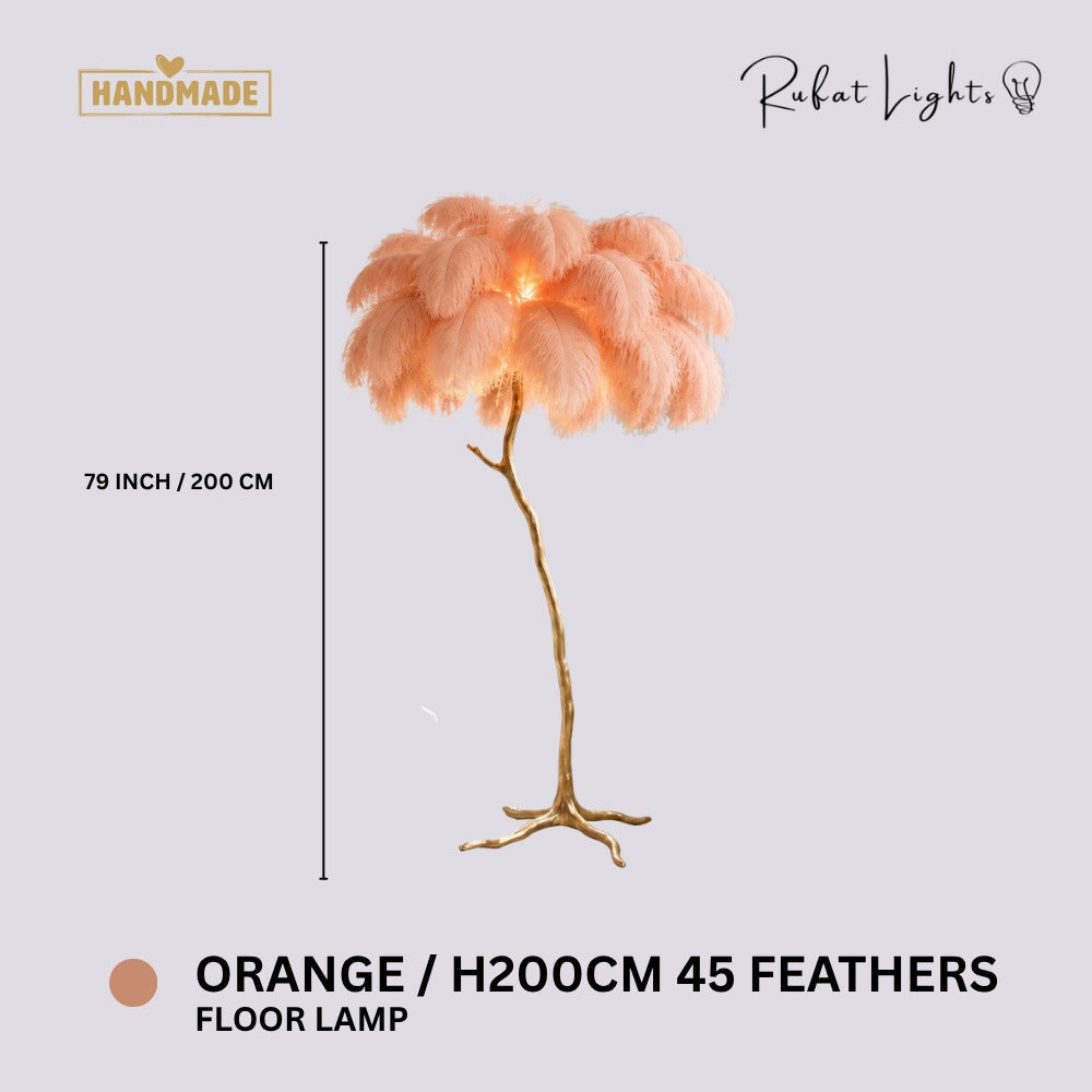 Luxury Ostrich Feather Resin LED Floor/Table Lamp Orange H200cm 45 feathers (Floor Lamp) dimensions: 79 in (200 cm) high