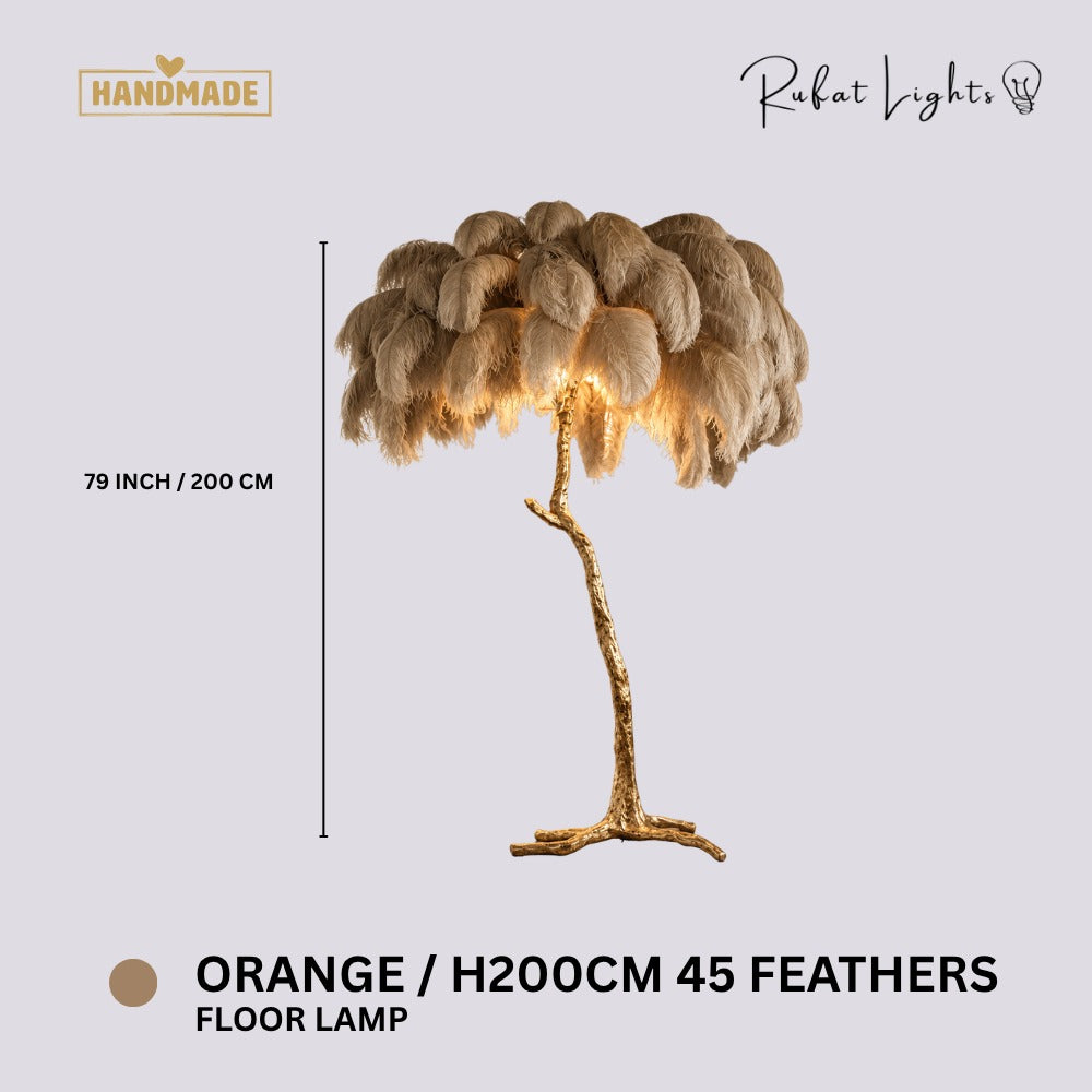 Luxury Ostrich Feather Resin LED Floor/Table Lamp Khaki H200cm 45 feathers (Floor Lamp) dimensions: 79 in (200 cm) high