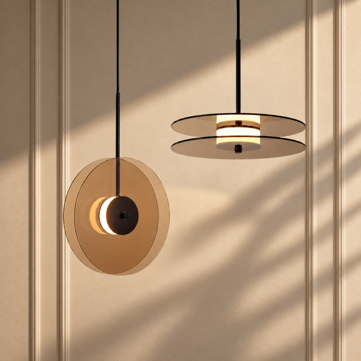Radiant Glass Disk Pendant Light in amber glass, horizontal and vertical disk pendants lit against a beige panelled wall