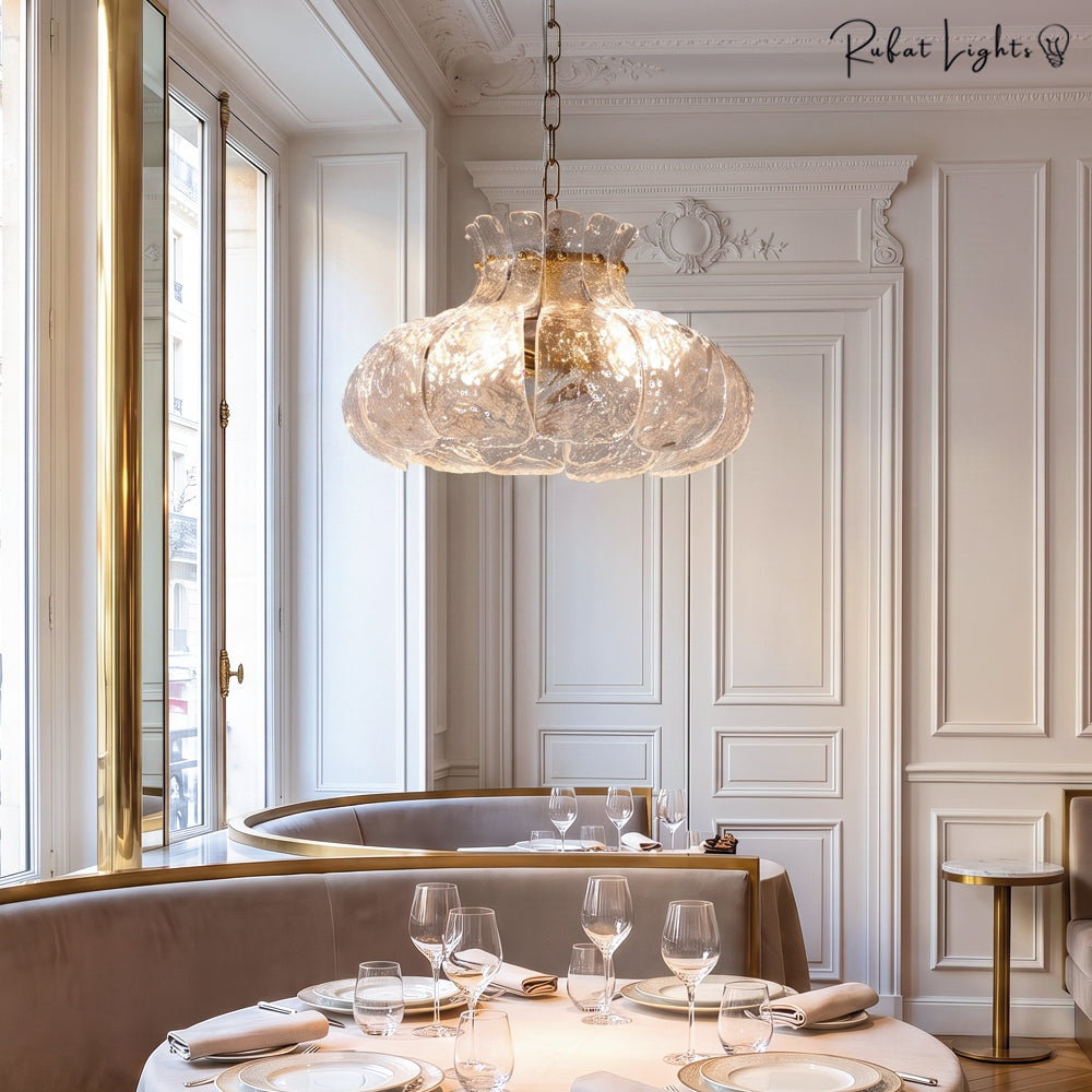 Retro French Glass Ice-Melting Pendant Lights over a dining table by the window