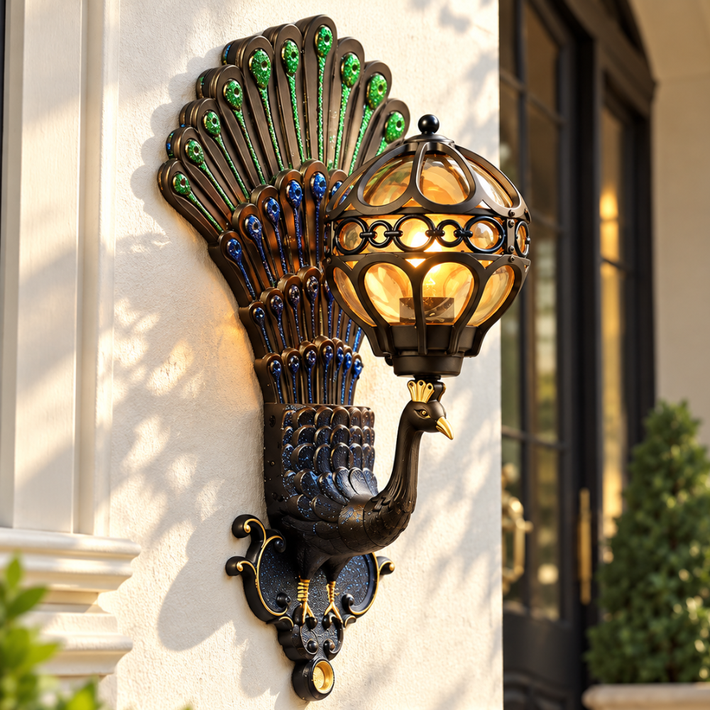 Retro Peacock Indoor Outdoor Wall Light in Colorful, hand-painted peacock holding a glass globe lantern, lit on a white wall