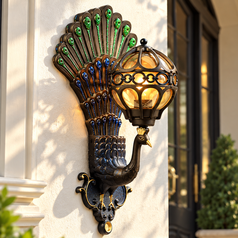 Retro Peacock Indoor/Outdoor Wall Light in Colorful, hand-painted peacock holding a glass globe lantern, lit on a white wall