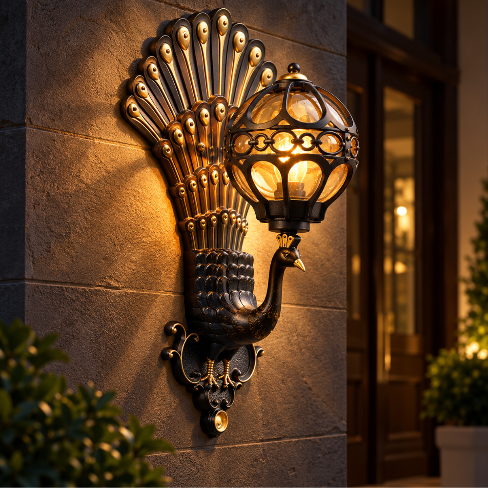 Retro Peacock Indoor Outdoor Wall Light in a bronze finish glowing on a stone wall beside a front door at dusk