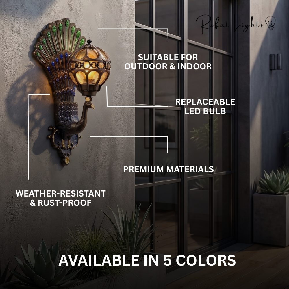 Retro Peacock Indoor Outdoor Wall Light features: suitable for outdoor and indoor, replaceable LED bulb, premium materials, weather-resistant and rust-proof, available in 5 colors